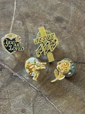 Vintage Gold Tone Faith & Nature Lapel Pin Set - Jesus, Angel, Rose, Heart